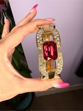 Catwalk Jon 18k Gold Plated Curb Link Pink Headlight Bangle Bracelet